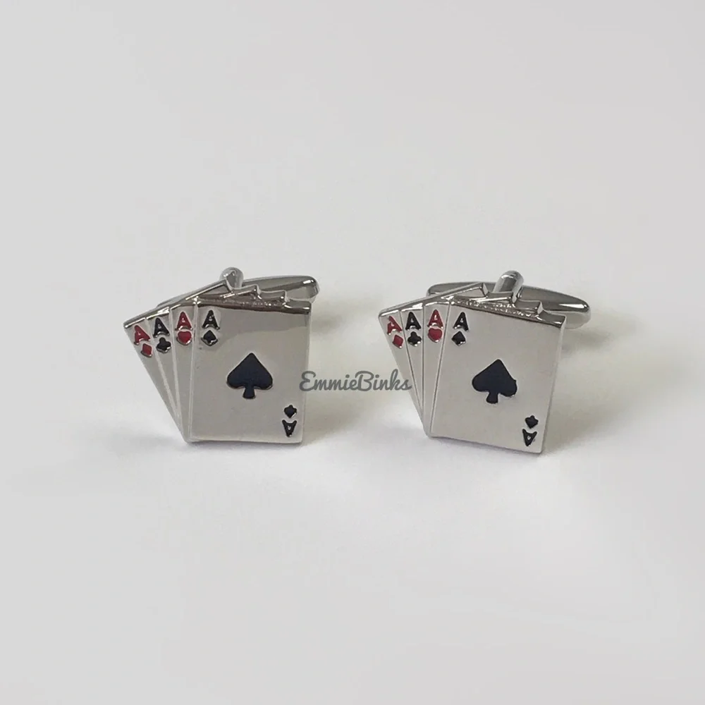 New Aces Wild Four Ace Silver Playing Card Cufflinks ~ Poker ~Groom / Best Man